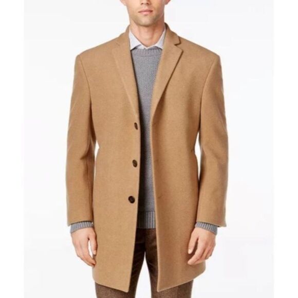 Calvin Klein Prosper Wool Blend X-Fit Slim Fit Overcoat Coat in Camel size 48Reg - Picture 1 of 16